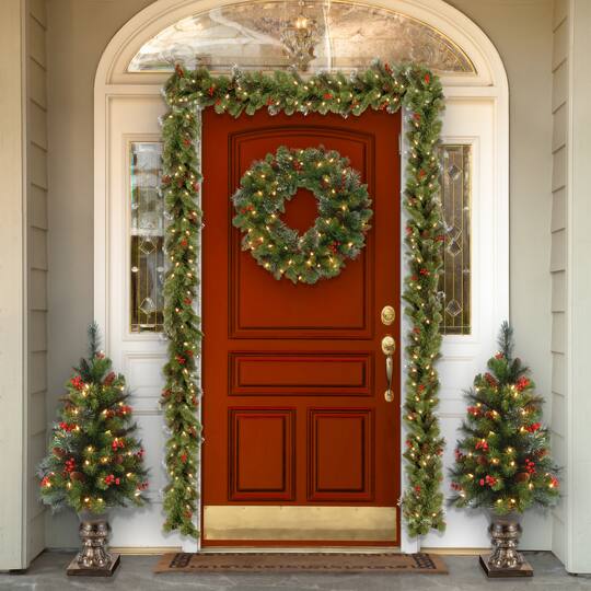 4 ft. Pre-Lit & Pre-Decorated Potted Crestwood Spruce Slim Artificial Christmas Tree, Clear Lights